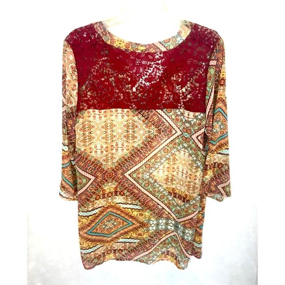 Jessica Simpson Boho Print Geometric 3/4 Sleeve Shirt Neutral Colors Size L NWT - Picture 2 of 3